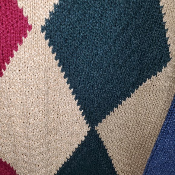 VTG 90s New Yorker Cable Knit Argyle Sweater Textured Colorblock Jester Diamond - Picture 4 of 7